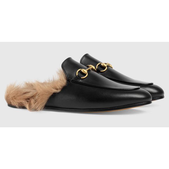 Gucci Princetown Black Leather Fur Loafer Slide Slip On Mule Slipper Flat 36 - Picture 3 of 12
